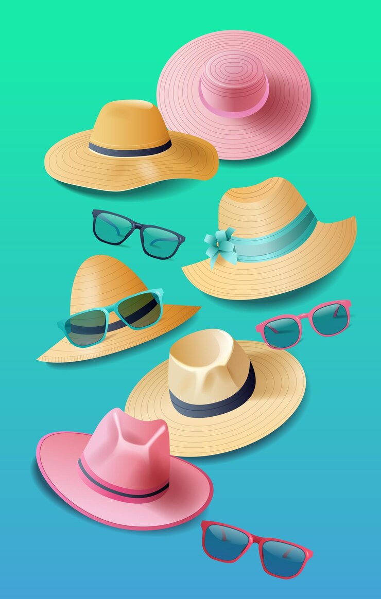 Collection de chapeaux et de lunettes de soleil d'été sur fond gradient accessoires de plage design de mode