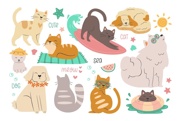 Une collection de chats et de chiens avec le mot mignon en bas.