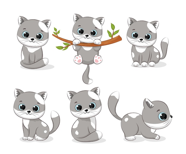 Une Collection De Chats Gris Mignons. Illustration Vectorielle D'un Dessin Animé.