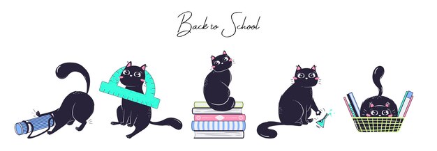 Vecteur collection de chats avec des objets scolaires de style plat le concept d'animaux retournant à l'école