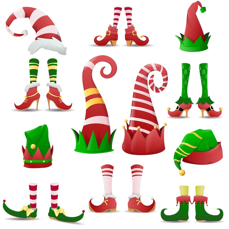 Vecteur collection de chaussures et chapeaux d'elfes drôles de noël