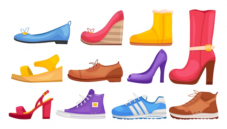 Vecteur collection de chaussures. divers ensembles de style de mode de chaussures tendance décontractées et formelles. bottes élégantes élégantes pour femme et homme, baskets, collection de chaussures