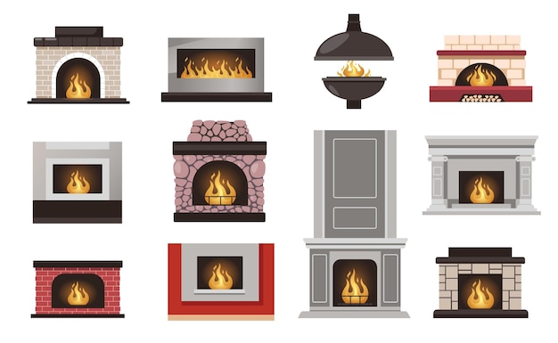 Collection De Cheminées à La Maison Foyer De Maison De Dessin Animé Avec Grille Et Flamme De Bois De Chauffage Poêle à Biocarburant à Gaz De Charbon électrique Plat Détente Hivernale Confortable Ensemble Vectoriel