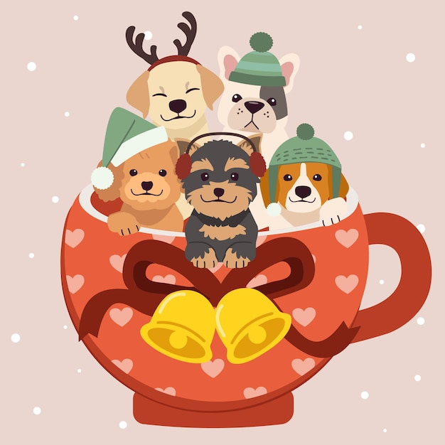 La Collection De Chien Mignon Assis Dans La Tasse De Tasse Avec Le Thème De La Fête De Noël