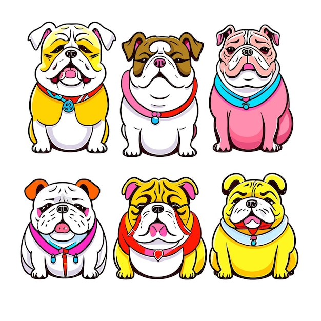 Vecteur collection de chiens bulldog avec des vêtements d'hippopotame illustration vectorielle de fond blanc