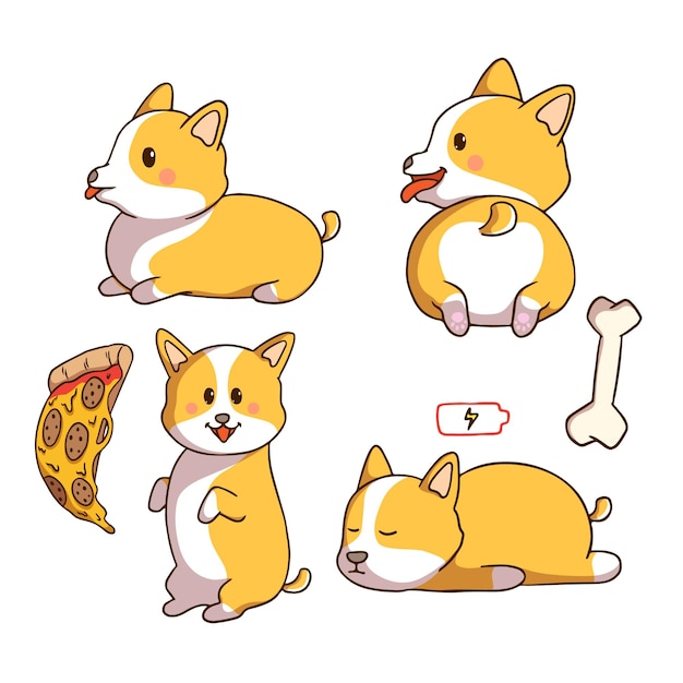 Vecteur collection de chiens corgi doodle avec tranche de pizza et os