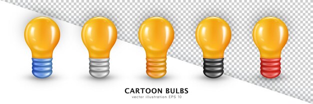 Collection de cinq ampoules fluorescentes Edison tridimensionnelles de dessin animé. Lampes incandescentes réalistes