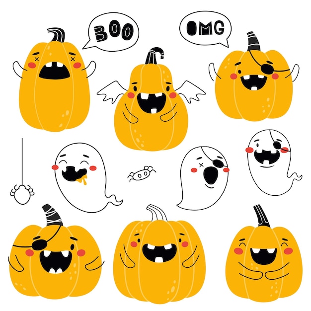 Collection De Citrouilles Et De Fantômes D'halloween Contour Vector Isole Imprime Des Citrouilles Drôles Pour Bébé