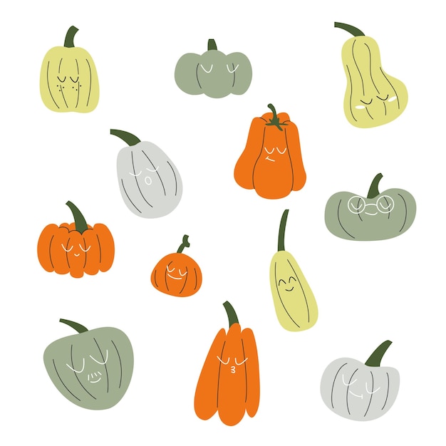 Collection De Citrouilles Mignonnes Dessinées à La Main Avec Des Visages Et Des émotions