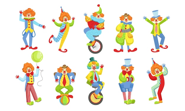 Vecteur collection de clowns amusants heureux en action pose des personnages comiques de cirque dans des costumes illustration vectorielle