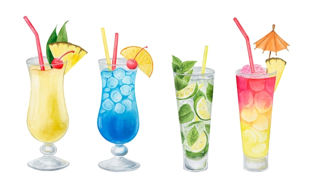 Vecteur collection de cocktails alcool illustration aquarelle boissons cli