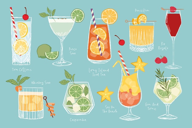 Une collection de cocktails vectoriels colorés dessinés à la main