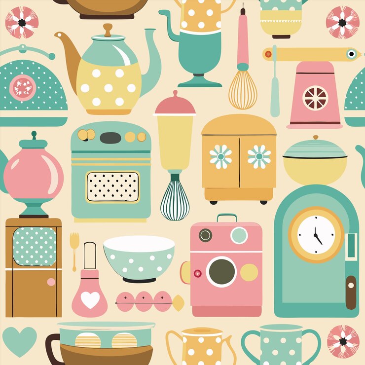 Vecteur une collection colorée d'appareils de cuisine, y compris des théières et une théière