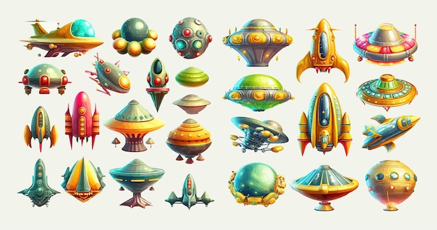 Collection colorée de divers vaisseaux spatiaux extraterrestres et de soucoupes volantes futuristes Vecteur détaillé