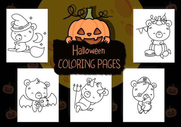 Collection De Coloriages D'halloween. Collection D'ours D'halloween Kawaii Outline.