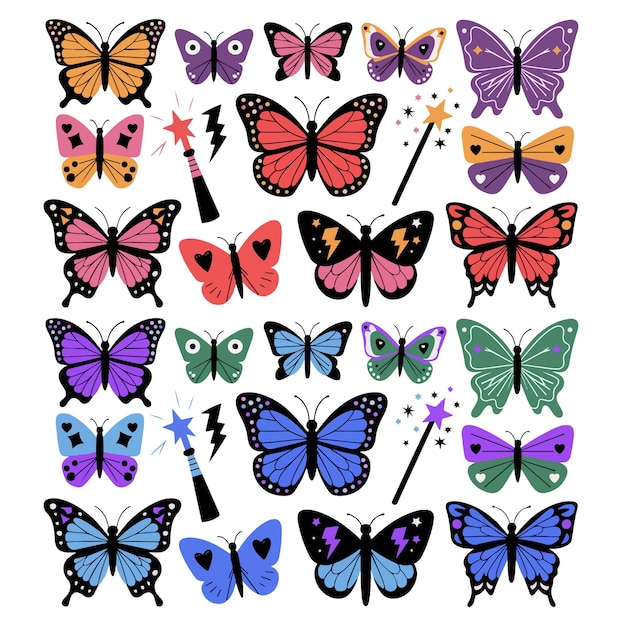 Collection complète d'illustrations de papillons réalistes et aquarelles colorées pour la créativité