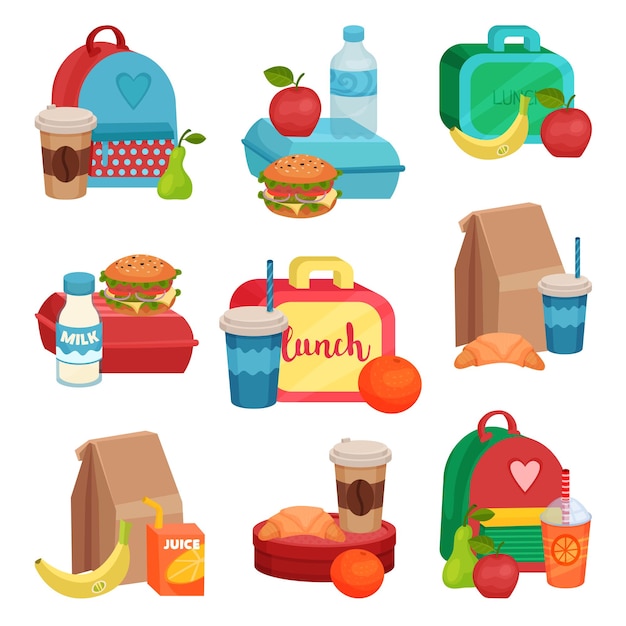 Collection de compositions colorées avec de la nourriture scolaire Repas savoureux Délicieuses boissons aux fruits et sandwichs Boîtes à lunch sacs en papier et sacs à dos Dessin vectoriel de dessin animé Icônes isolées dans un style plat