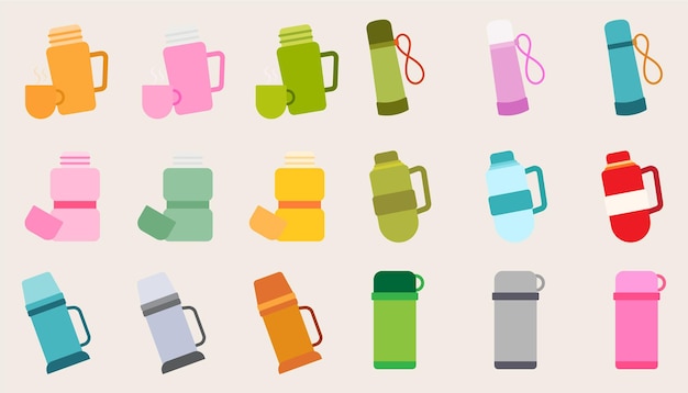 Collection de conception d'équipements de camping, bouteilles d'eau de conteneur pour le sport. Ensemble de bouteelles d'eau potable.
