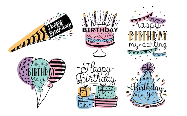 Collection De Conception D'inscriptions De Voeux Joyeux Anniversaire Mignon. Illustration Vectorielle De Lettrage Coloré Dessinés à La Main Sur Fond Blanc.