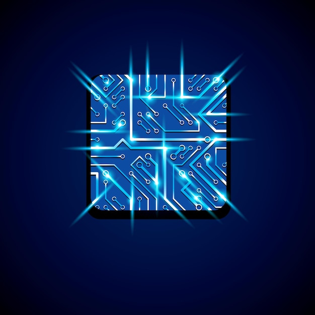 Collection de conception de puces vectorielles, cpu. Élément de technologie de communication de l'information avec étincelles et néons, circuit imprimé luminescent en forme de carré.