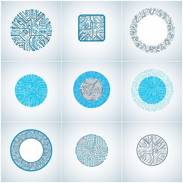 Collection de conceptions de puces vectorielles, cpu. Éléments de technologie de communication de l'information, circuits imprimés bleus en forme de carré et de cercle.
