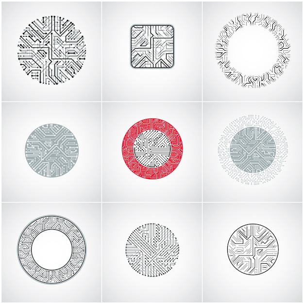 Collection de conceptions de puces vectorielles, cpu. Éléments de technologie de communication de l'information, circuits imprimés en forme de carré et de cercle.