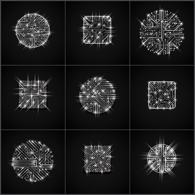 Collection de conceptions de puces vectorielles, cpu. Éléments de technologie de communication de l'information avec des étincelles, des circuits imprimés luminescents en forme de carré et de cercle.