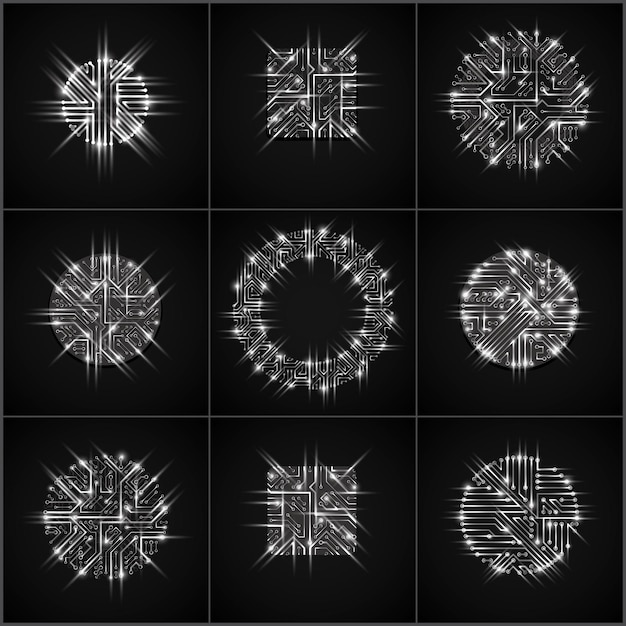 Collection de conceptions de puces vectorielles, cpu. Éléments de technologie de communication de l'information avec des étincelles, des circuits imprimés luminescents en forme de carré et de cercle.