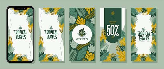 Collection Contexte Instagram Histoires Sosial Media Summer Tropical Leaf Flat Vector