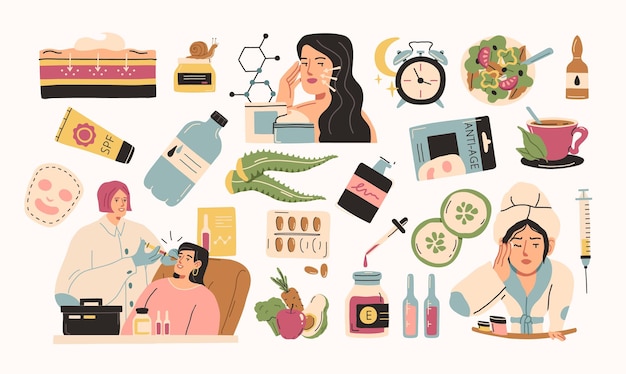 Collection de cosmétiques de soins de la peau et de beauté et illustrations de concept anti-âge