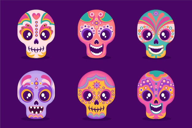 Collection De Crânes Plats Dia De Muertos Dessinés à La Main