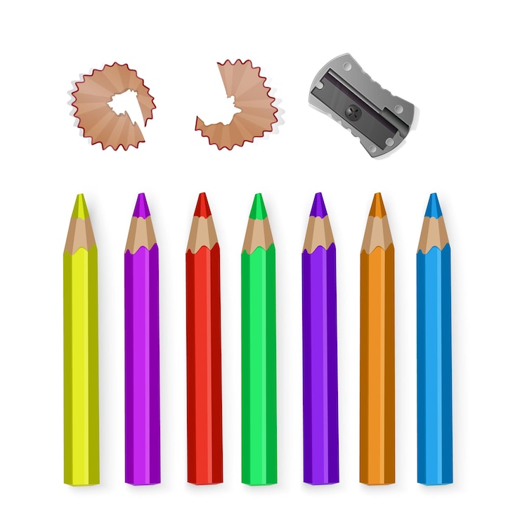 Vecteur une collection de crayons colorés, un affûteur et des débris de bois