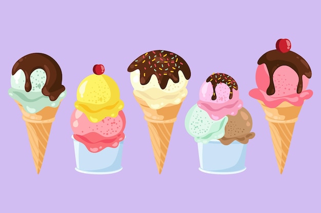 Collection de crème glacée rafraîchissante dessinée à la main