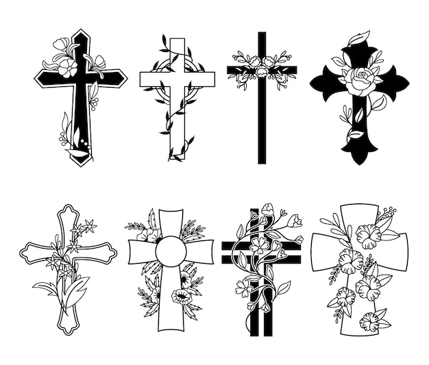 Vecteur la collection de croix chrétiennes avec des icônes de motifs floraux complexes combine le symbolisme religieux avec des fleurs délicates créant une illustration vectorielle de représentation visuelle monochrome significative
