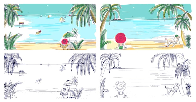 Collection de croquis colorés et monochromes avec des paysages de bord de mer. Station balnéaire tropicale avec des gens se reposant sur une plage de sable, des palmiers exotiques et des voiliers flottant dans la mer à l'horizon.