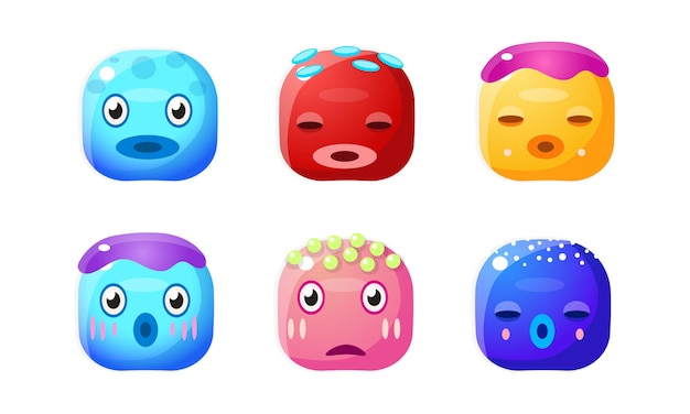 Collection de cubes colorés de boutons brillants mignons avec des visages drôles d’actifs d’interface utilisateur pour des applications mobiles ou des jeux vidéo vector Illustration isolé sur fond blanc
