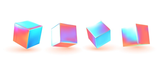 Collection de cubes. ensemble d'objets 3d géométriques isolés sur fond blanc. Nuances de couleur hologramme dégradé. Vecteur d'éléments réalistes