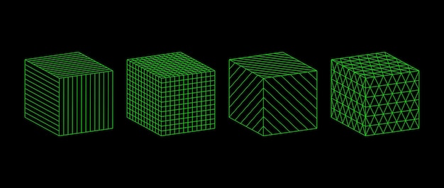 Collection de cubes filaires vert néon Formes de contour 3D avec différents motifs de grille Géométrique