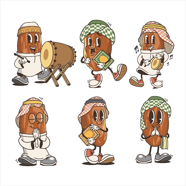 Vecteur collection dates de dessins animés traditionnels ramadan kareem illustration avec une touche vintage