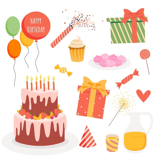 Collection De Décoration D'anniversaire Festive De Dessin Animé Avec Boîte-cadeau Vacances Confettis Gâteau Mignon Et Bougies Ballon Isolé Sur Blanc Fête D'anniversaire Ensemble Joyeux Anniversaire Conception Illustration Vectorielle