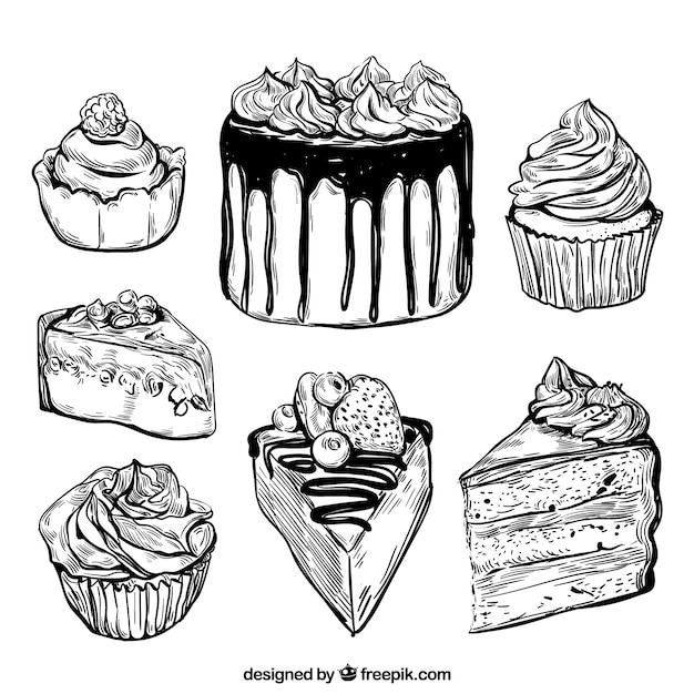 Collection de délicieux gâteaux dans un style dessiné à la main