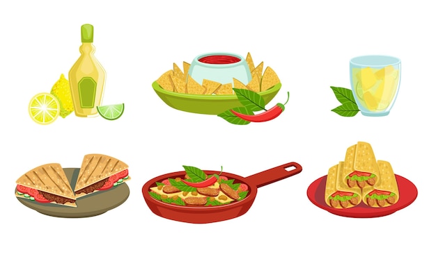 Collection de délicieux plats de cuisine mexicaine Burrito Nachos Fajitos Bouteille de tequila Illustration vectorielle