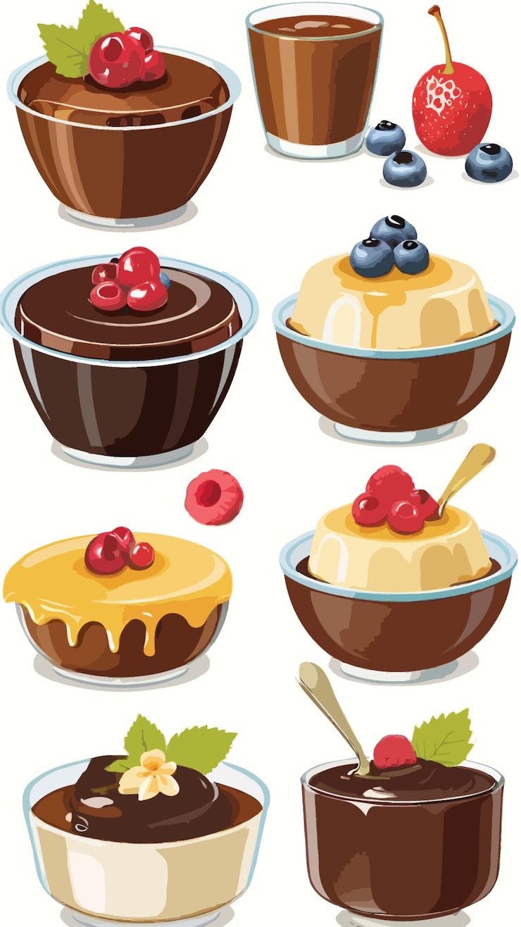Vecteur une collection de desserts de pudding dessin animé dessin d'art vecteur