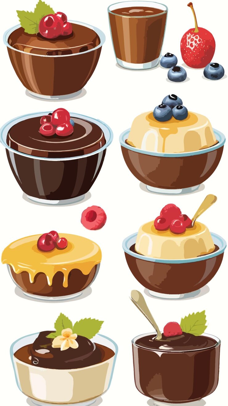 Vecteur une collection de desserts de pudding dessin animé dessin d'art vecteur