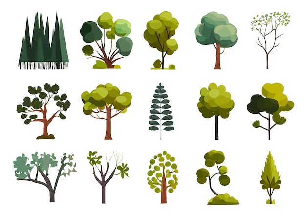 Vecteur collection de dessins animés d'arbres de différents types isolés sur fond blanc. thèmes de la nature