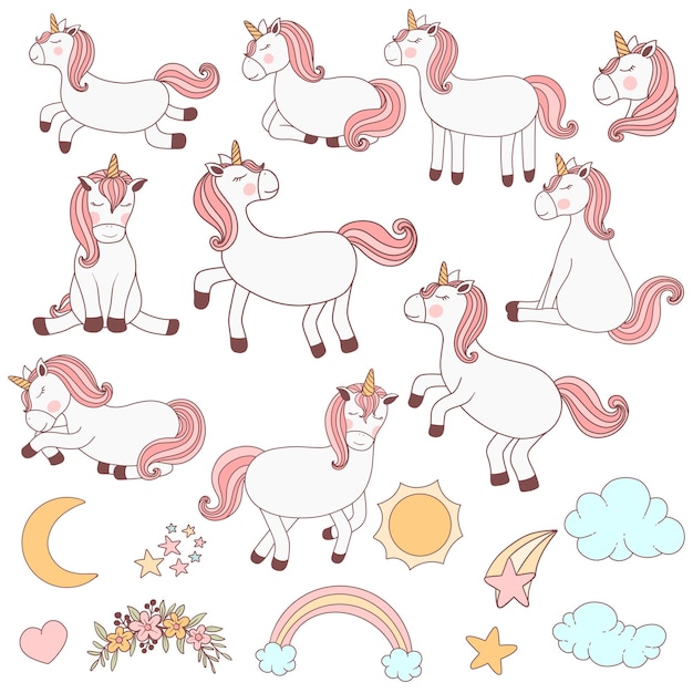 Vecteur la collection de dessins animés de la licorne mignonne