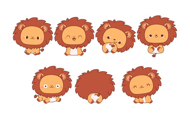 Collection De Dessins Animés Vectoriels D'art Du Lion Ensemble D'illustrations D'animaux Isolés De Kawaii Pour Des Imprimés Pour