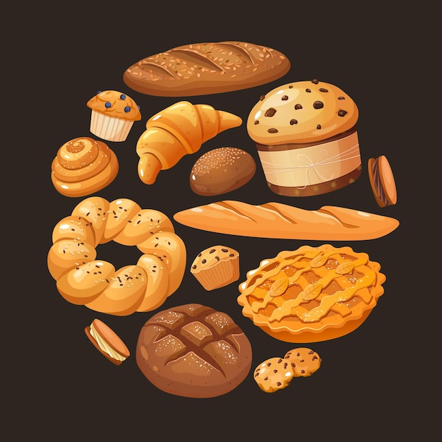 Collection de dessins animés vectoriels de produits de boulangerie en forme ronde avec du pain frais, des petits pains, des baguettes, etc.