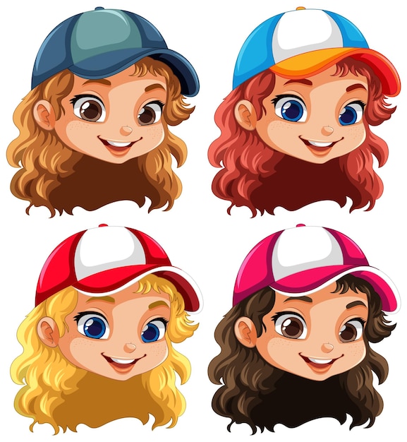 Vecteur collection de dessins animés de visages de filles différentes