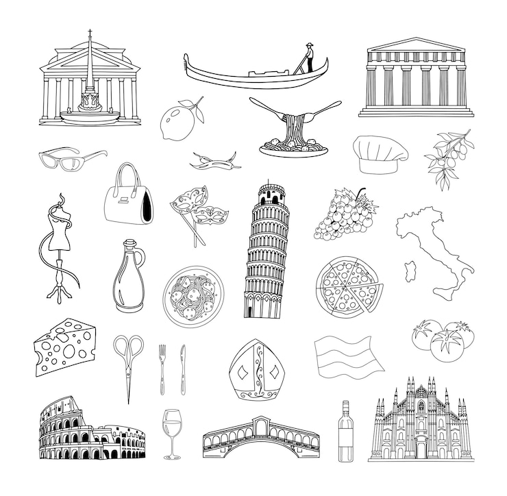 Vecteur collection de dessins au trait de l'italie